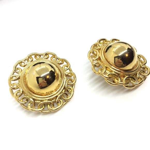 VINTAGE 80S CHAIN LINK GOLD TONE ROUND CLIP ON EARRINGS STATEMENT DOMED LARGE - Picture 7 of 14